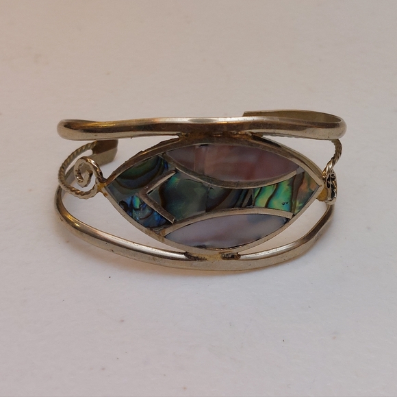 Jewelry - Abalone And MOP Shell Mosaic Inlay Silver Tone Cuff Bracelet